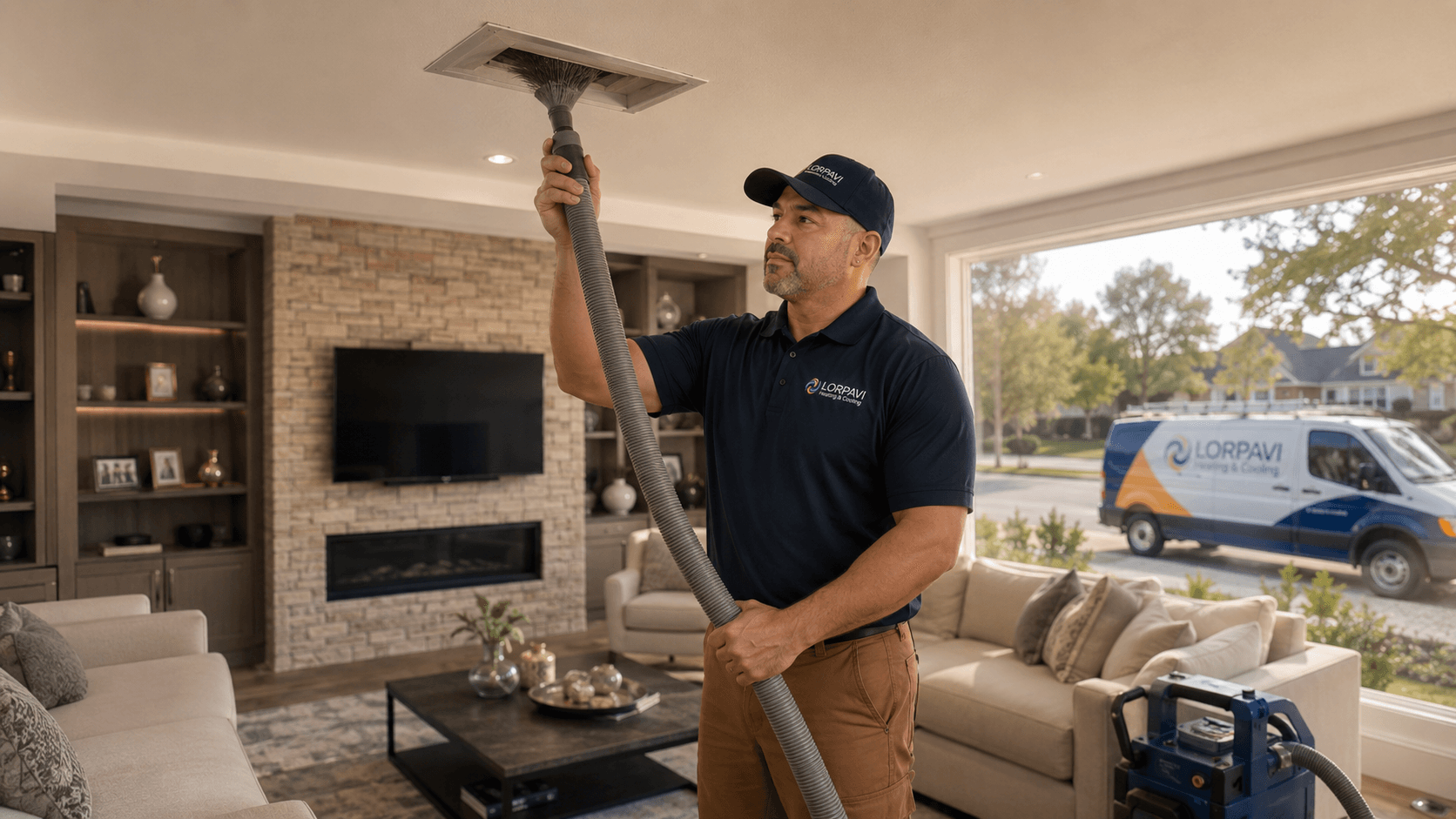Air duct cleaning technician at work in a Northern Virginia home
