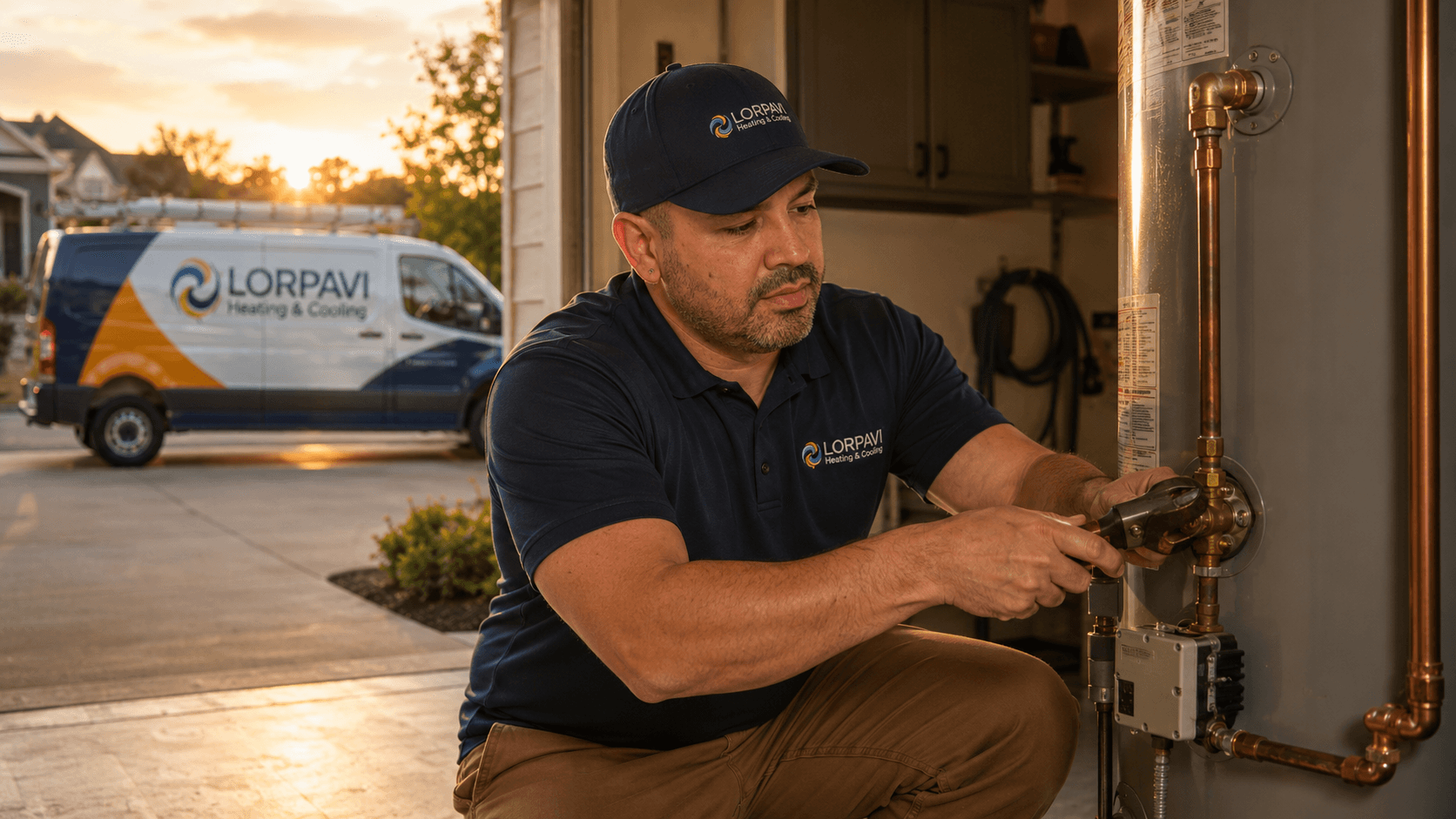 Water heater service technician in a Northern Virginia home